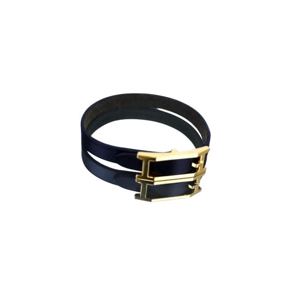 HERMES Black Leather Gold Buckle Accessories Bracelet Women's Good - Picture 1 of 12